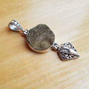 Gold Druzy & Filigree Sterling Silver Pendant Handmade Statement Piece Art Wear